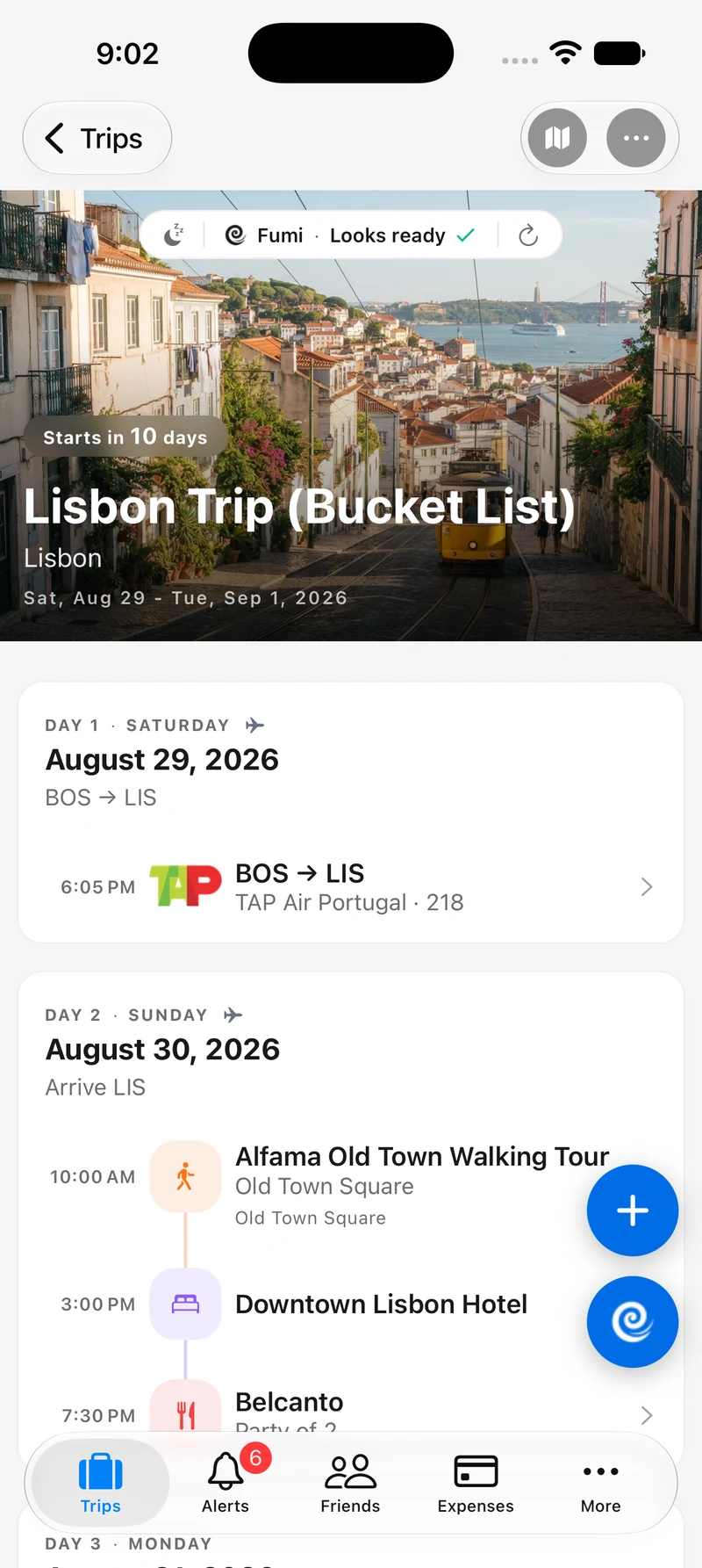 TripFumi's Lisbon trip screen with a booked TAP flight from Boston, an Alfama walking tour, a hotel check-in, dinner at Belcanto, and a Fumi status reading Looks ready